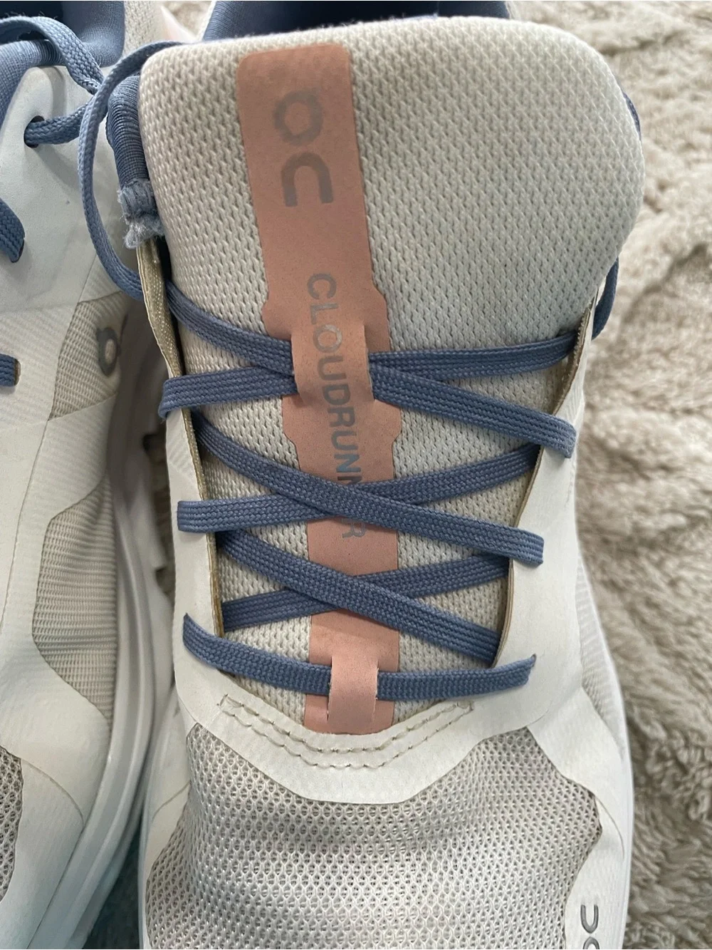 On Cloud - CloudRunning  White Sneakers with Slate Blue and Coral Accents. Sz 9